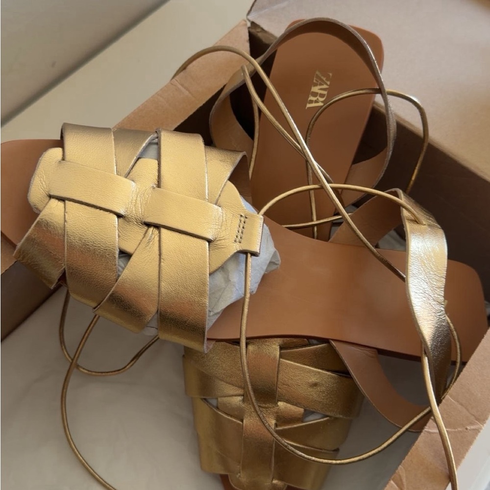 ZARA Metallic Gold Woven Lace-Up Sandals